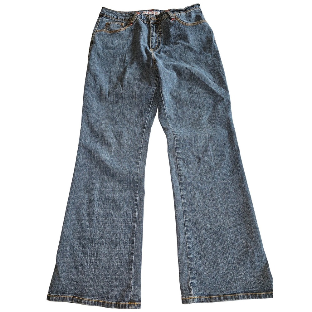 AB Jeans Company Womens Size 14 Blue Flared Denim Pants Red Stitching Vintage